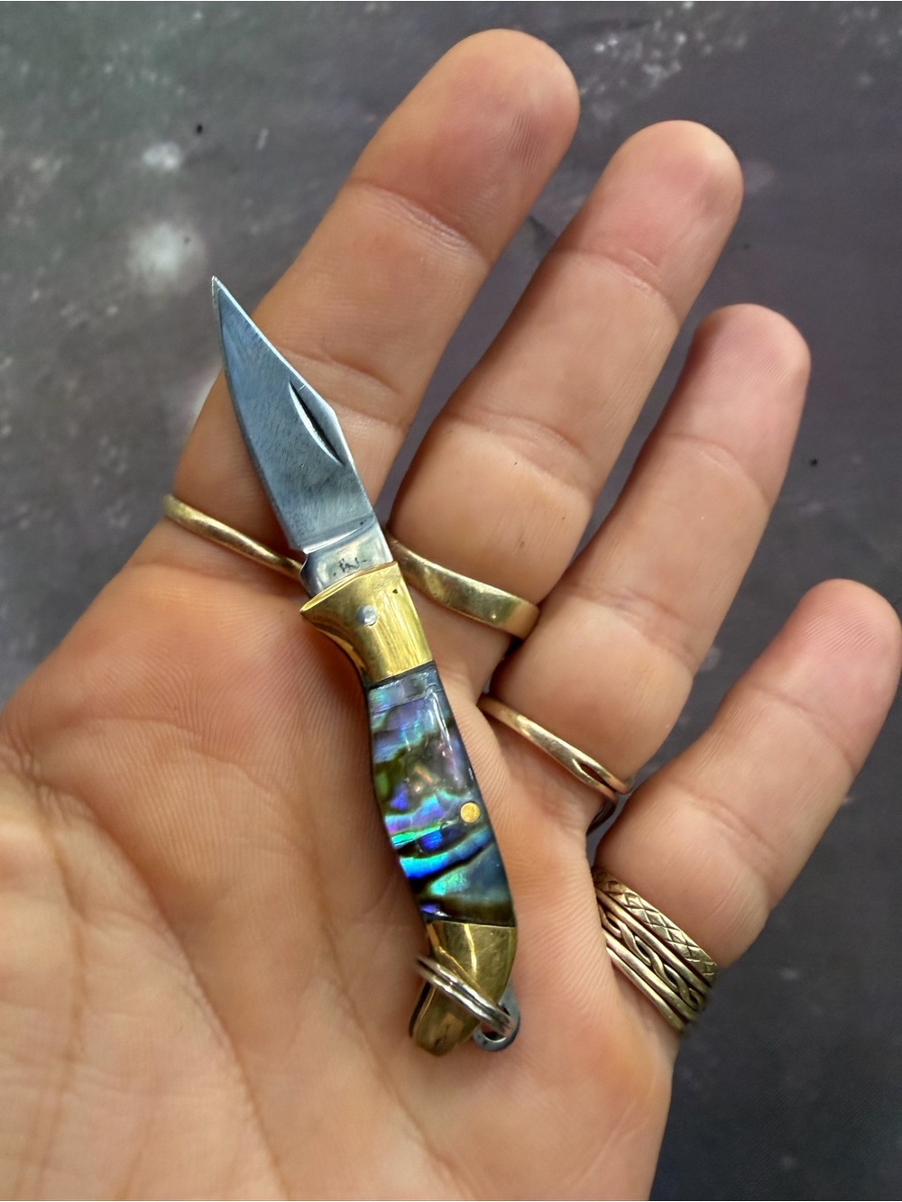 Brass Pocket Key Knife with Iridescent Abalone-Style Inlay - Blue-Green - Picture 2 of 3